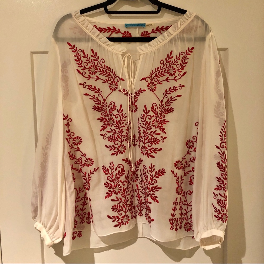 Alice + Olivia White Peasant Blouse with Red Embroidery